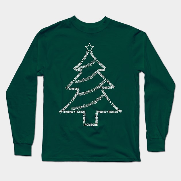 White Trombone Text Christmas Tree Long Sleeve T-Shirt by Barthol Graphics